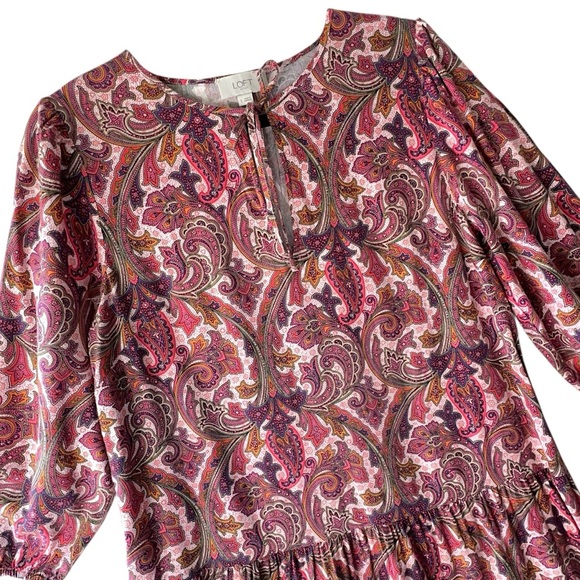 LOFT | NWOT PINK PAISLEY DROP WAIST TIERED RUFFLE DRESS BOHO COTTON BLEND SMALL - Picture 2 of 10